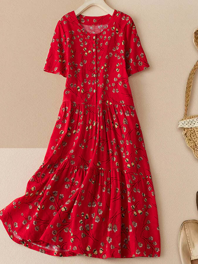 Cotton And Linen Ethnic Style Printing Loose Round Neck Waist Slimming Short-Sleeved Dress