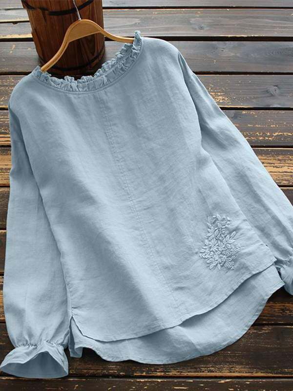 Women's Cotton Linen Solid Color Round Neck Long Sleeve Shirt