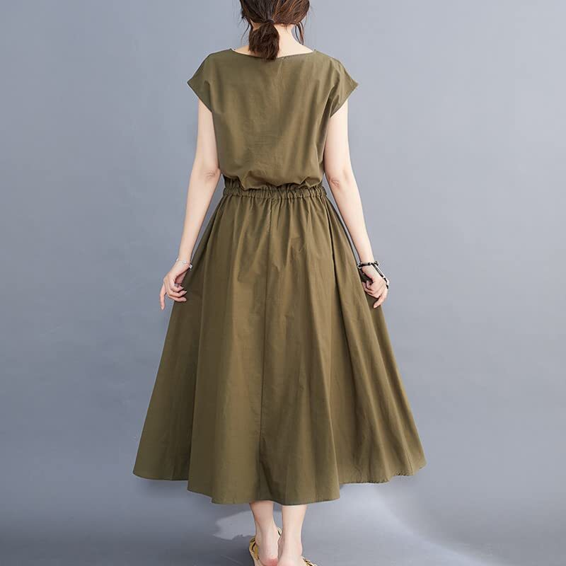 Finneyy Solid Color Casual Drawstring Vintage Dress