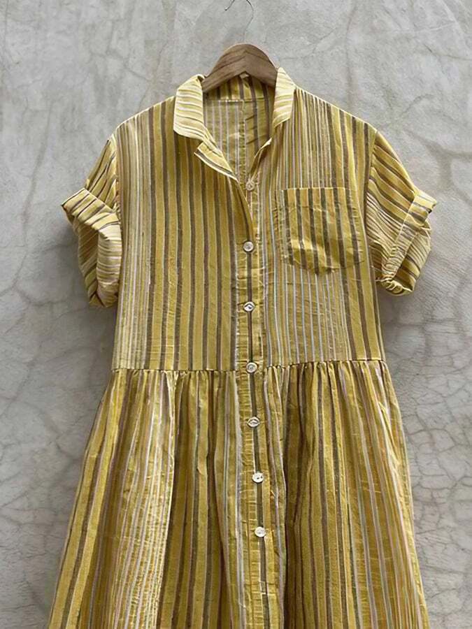 Casual Loose Striped Pocket Shirt Dress