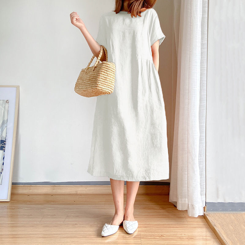 Casual Loose Short Sleeve Solid Color Midi Dress