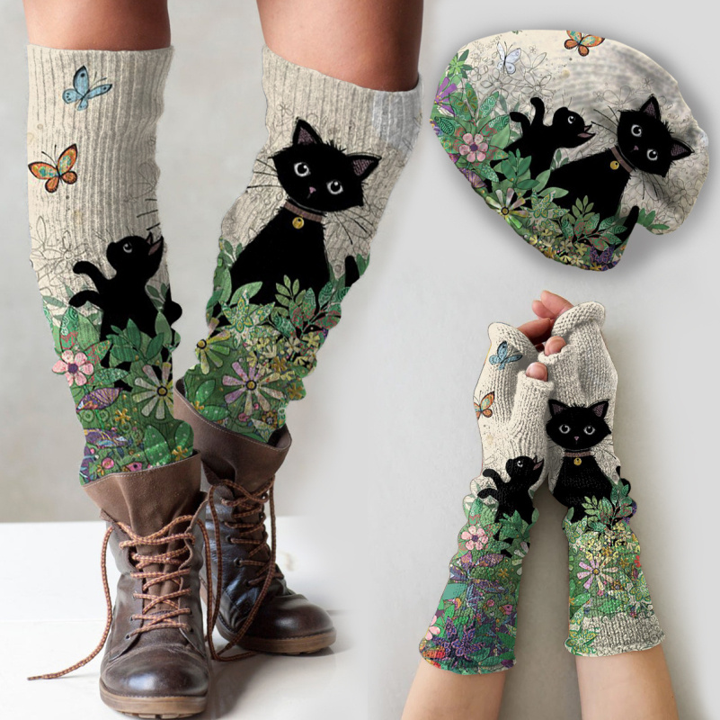 (Ship within 24 hours)Vintage cat print knitted hat + fingerless gloves set+leg warmers
