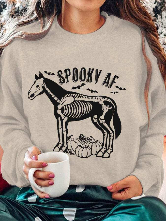 Women's Equestrian Halloween Spooky AF Print Crew Neck Sweatshirt