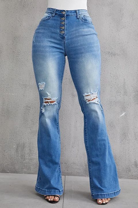 Tall 90s Vintage Button Fly Knee Distressed Flare Leg Jeans