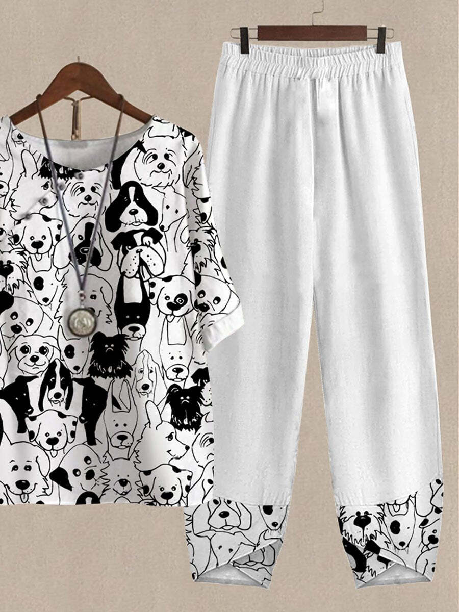Cute Cartoon Puppy Print Top And Pants Two Piece Suits
