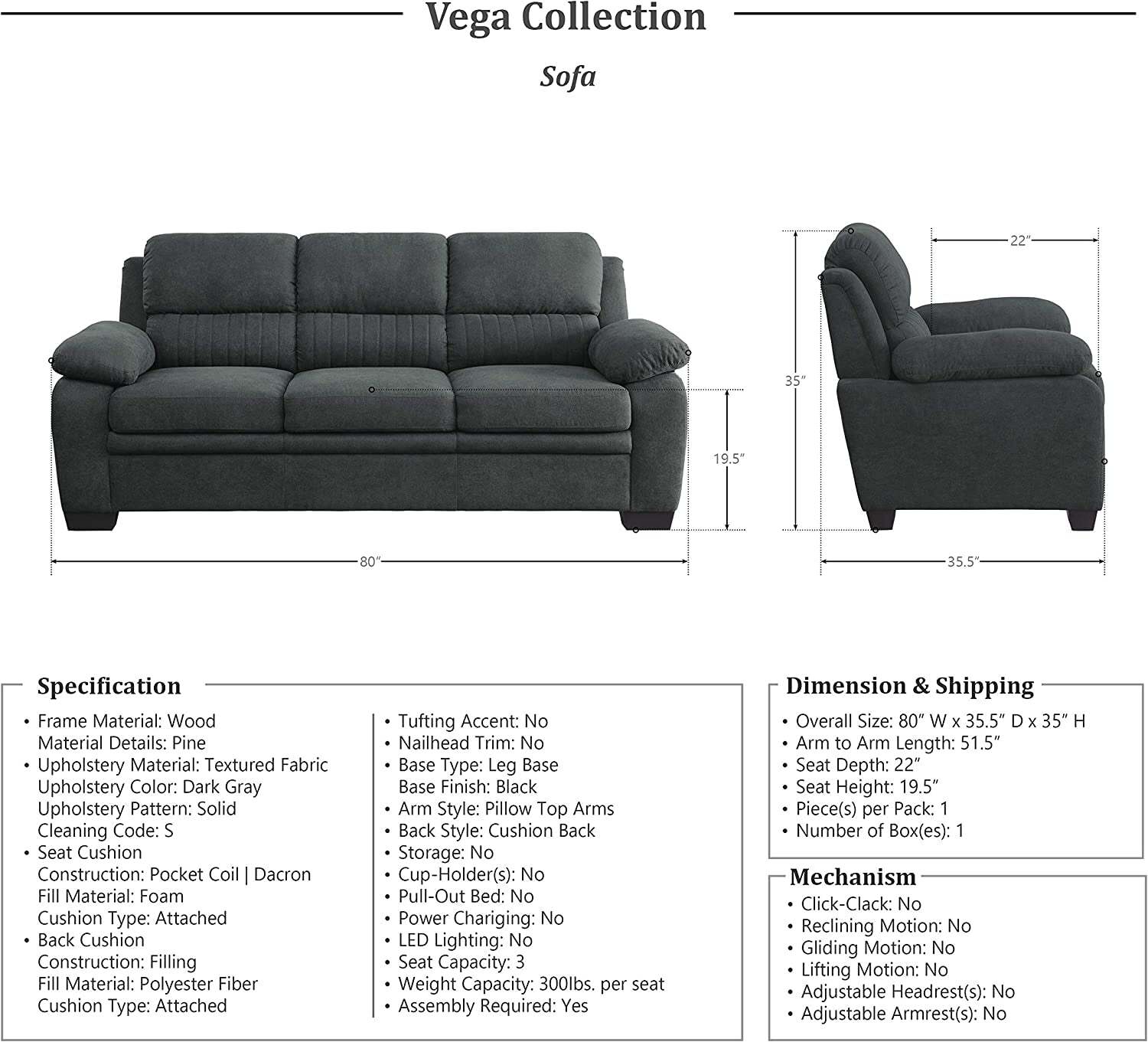 Lexicon Vega 2Piece Living Room Set, Dark Gray Discount Store