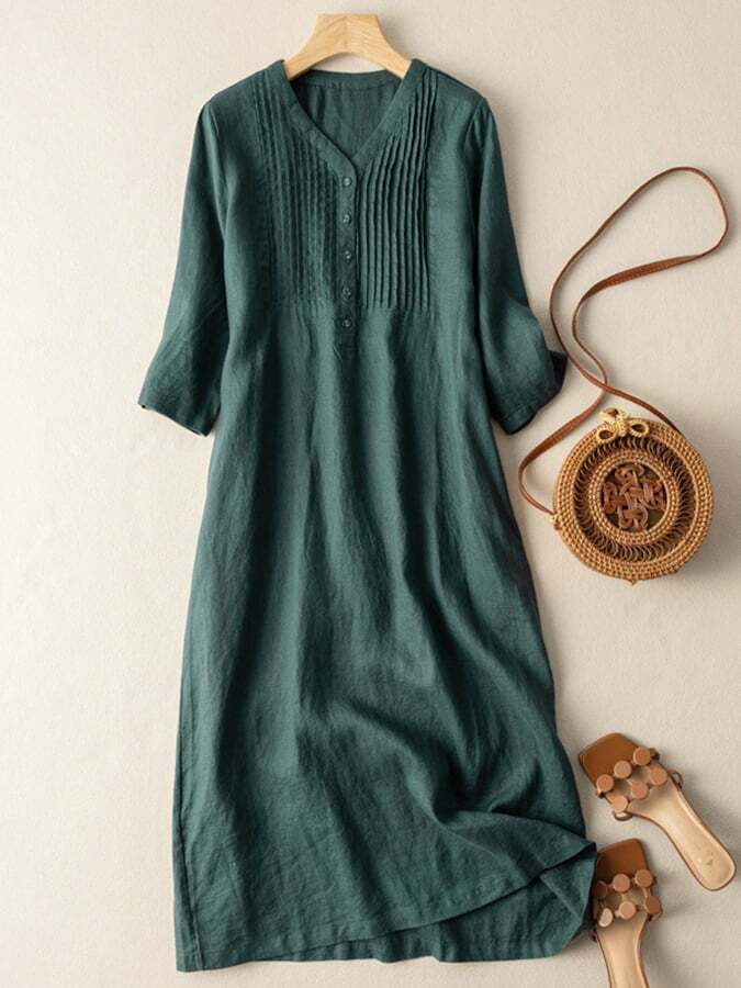 Cotton And Linen V-Neck Pleated Loose Dress