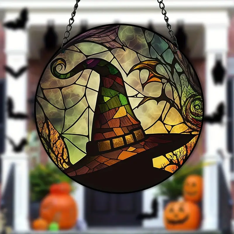 Halloween Stain Glass Suncatcher Crow Witch Window Hanging Decor ( Style-4)