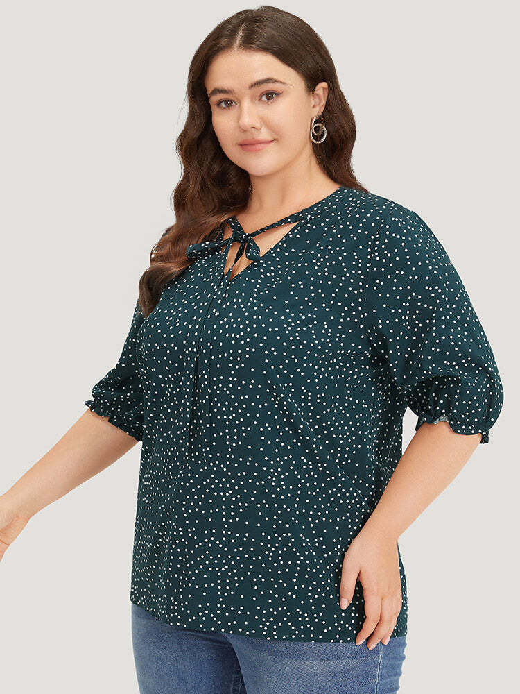 Polka Dot Knot Neck Lantern Sleeve Blouse
