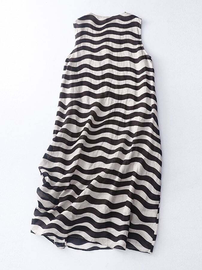 Striped Single Layer Print Sheer Cool V-Neck Sleeveless Dress