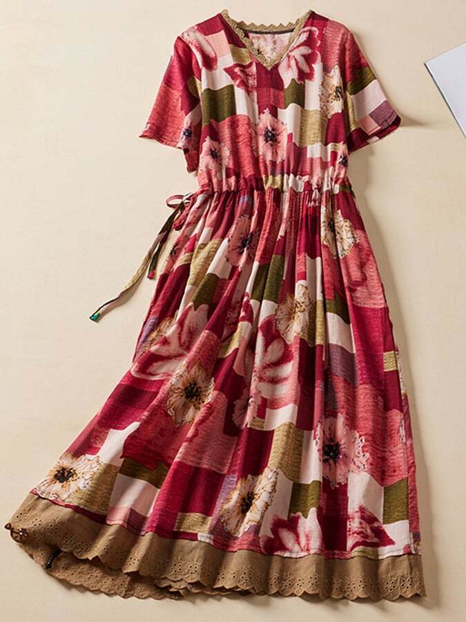 Cotton Linen Short Sleeve Floral Mosaic Dress
