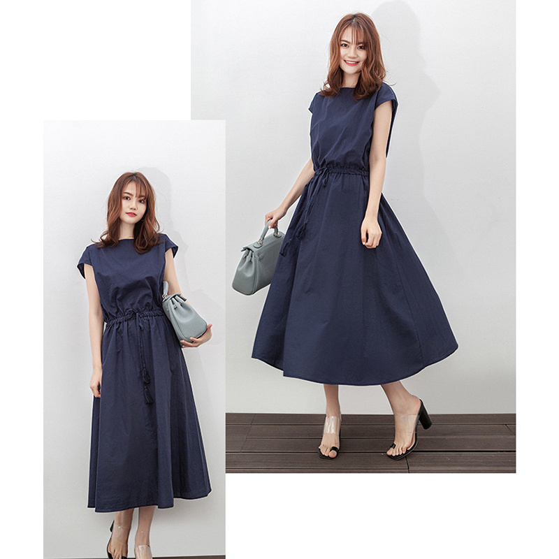 Finneyy Solid Color Casual Drawstring Vintage Dress