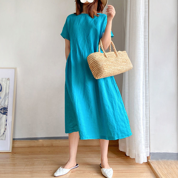 Casual Loose Short Sleeve Solid Color Midi Dress