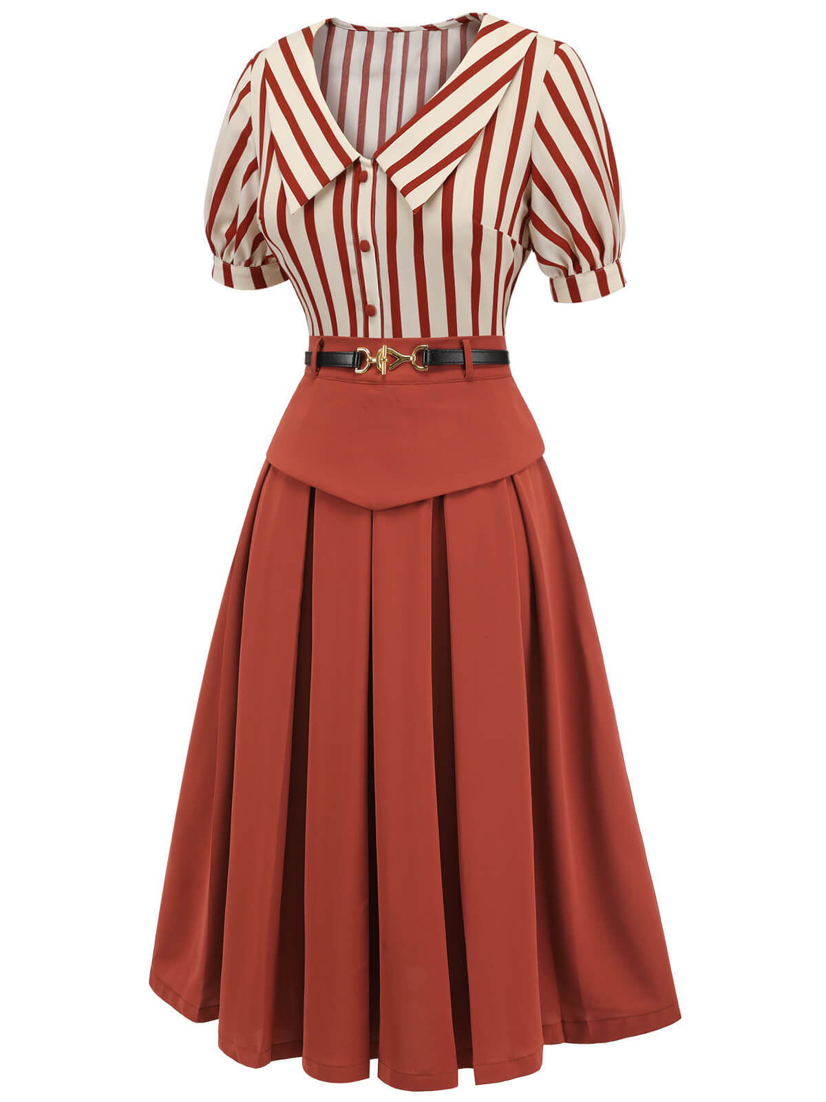 [Pre-Sale] 2PCS Orange Red 1950s Striped Blouse & Pleated Skirt