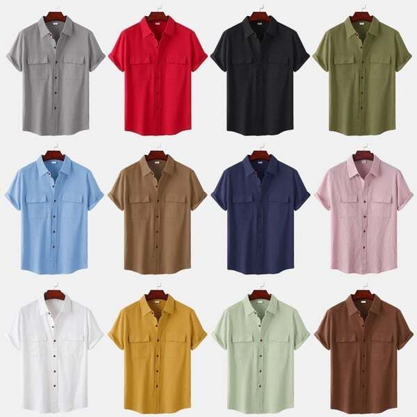 Men's solid colour casual flax short sleeve shirt - lml018964