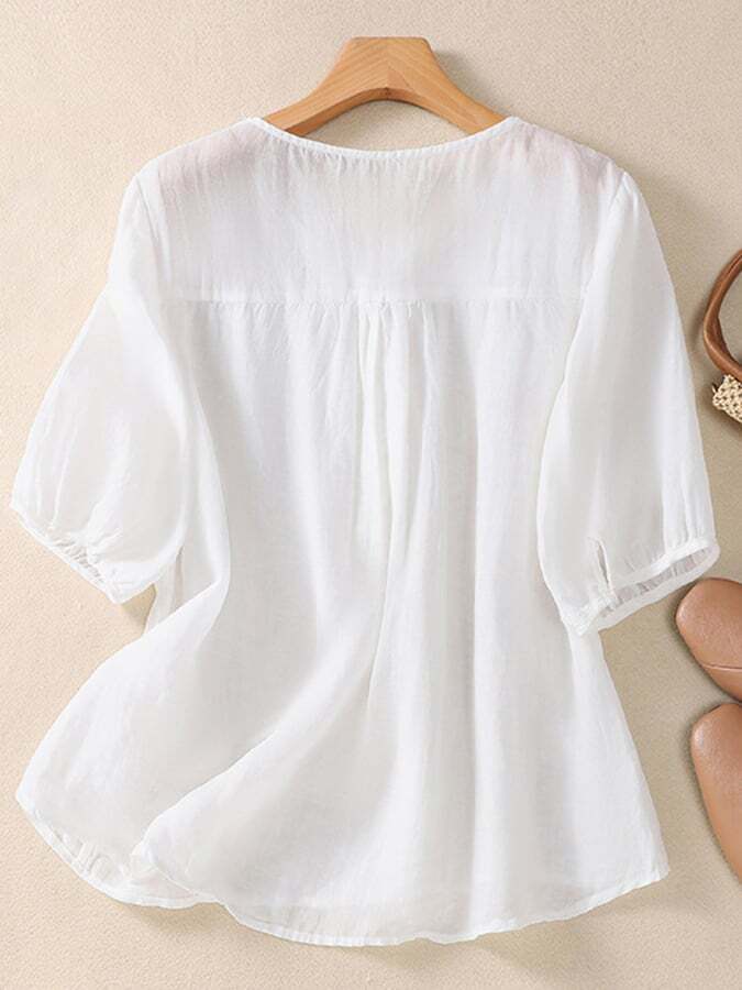Mesh Embroidery V-Neck Loose Casual Shirt