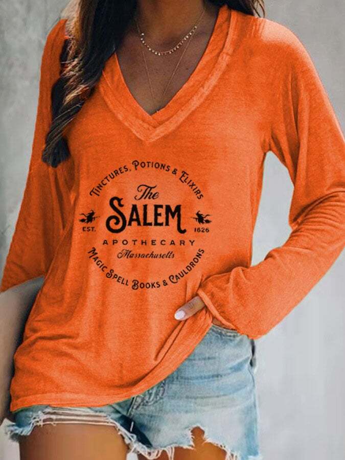Women's Salem Massachusetts Happy Halloween Witch Casual V-Neck Long-Sleeve T-Shirt