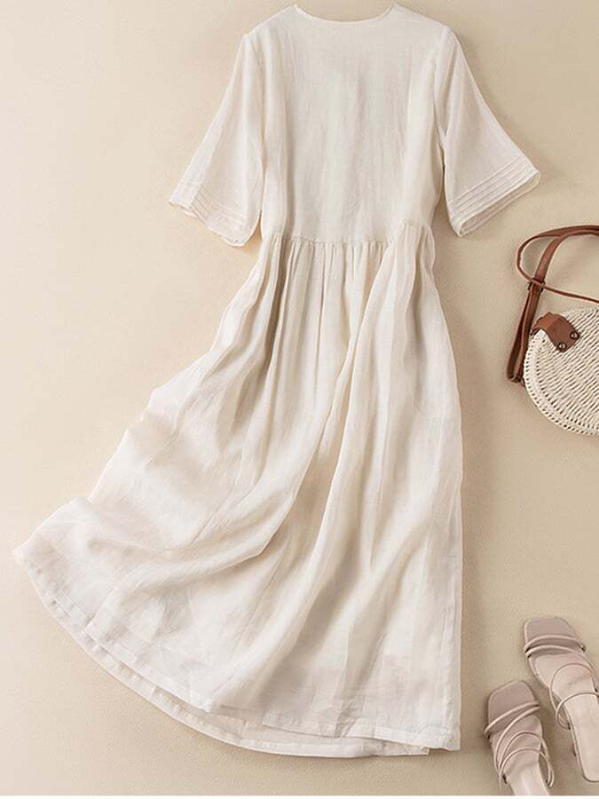 Holiday Embroidered Medium Length Cotton Linen Artistic Dress