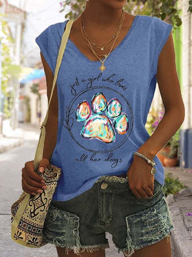 Women's Paws Just A Girl Who Loves All Her Dogs Print Sleeveless T-Shirt