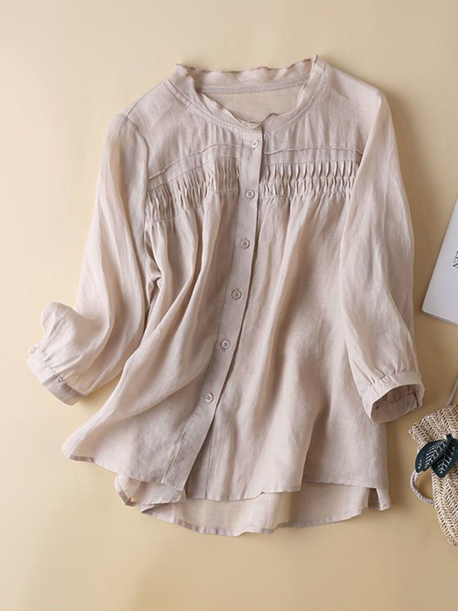 Simple Loose 3/4 Sleeve Cotton Linen Solid Color Top