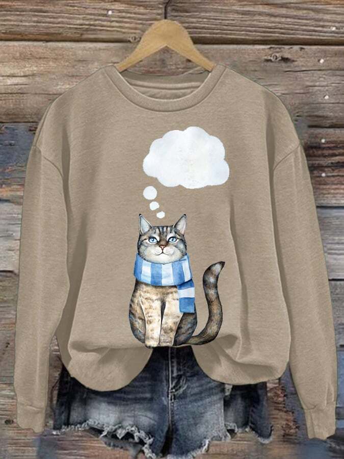 Women's Cat Print Casual Long Sleeve Sweatshirt