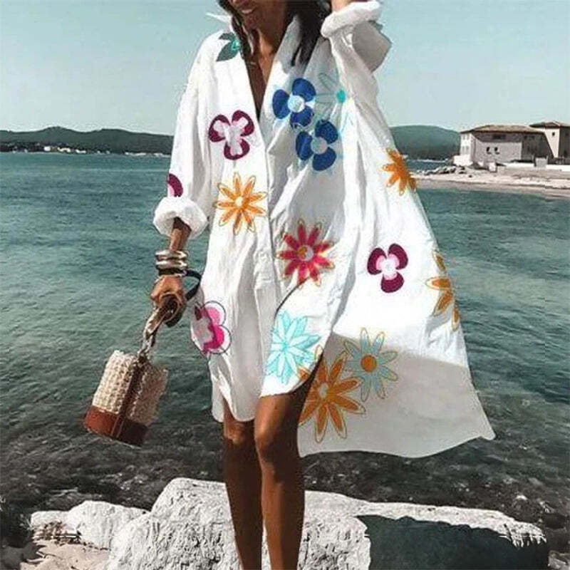 Long Sleeve Floral Print Irregular Midi Shirt Dress