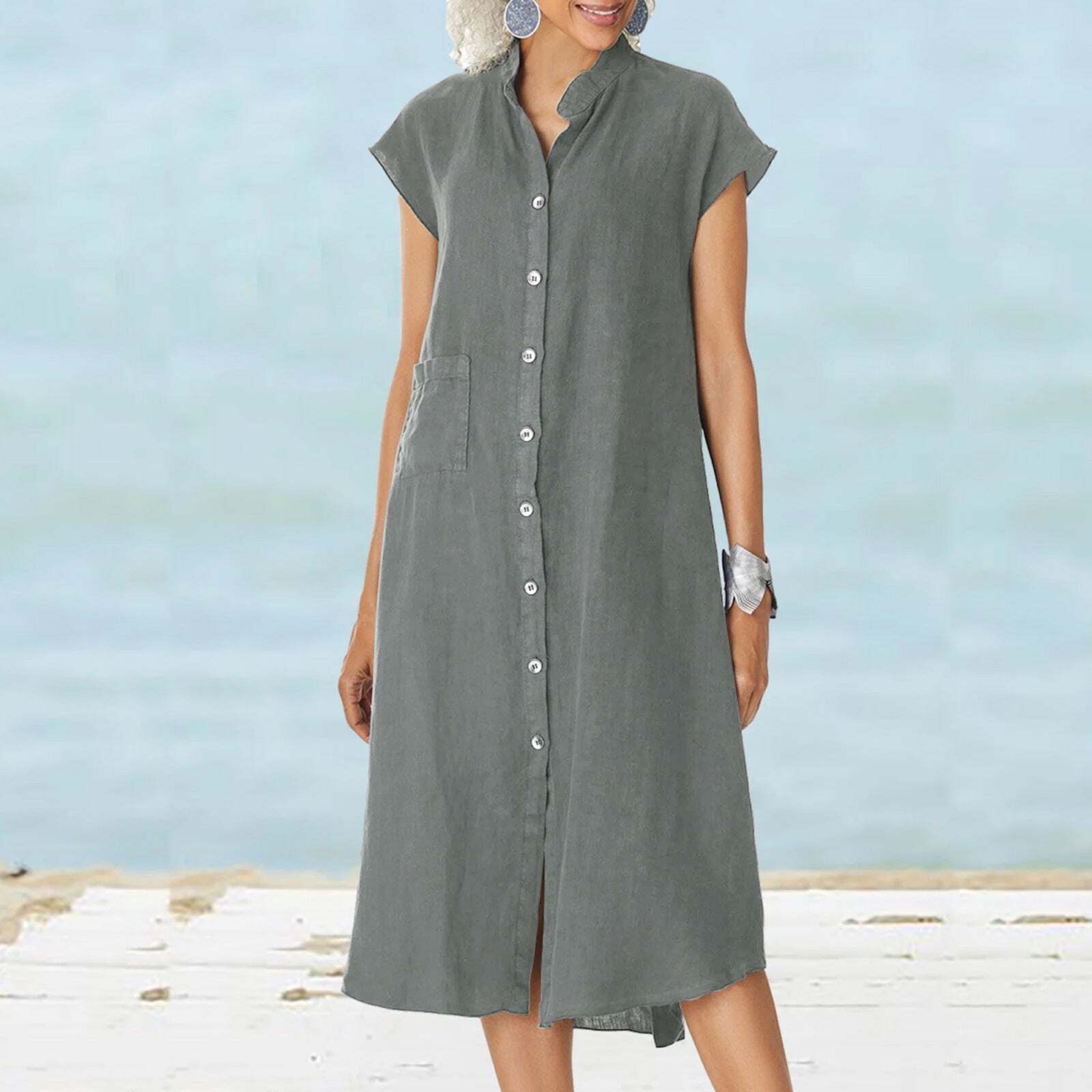 SINGLE BREAST COTTON LINEN POCKET DRESS