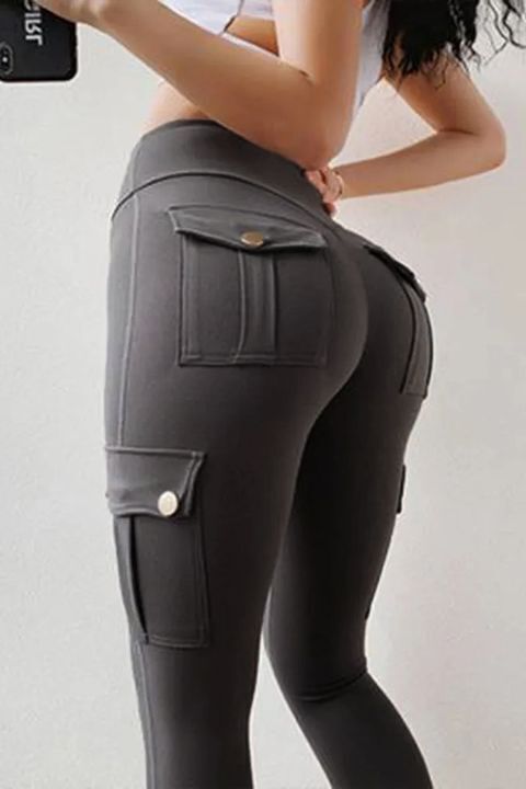 Solid Flap Pocket High Waist Leggings