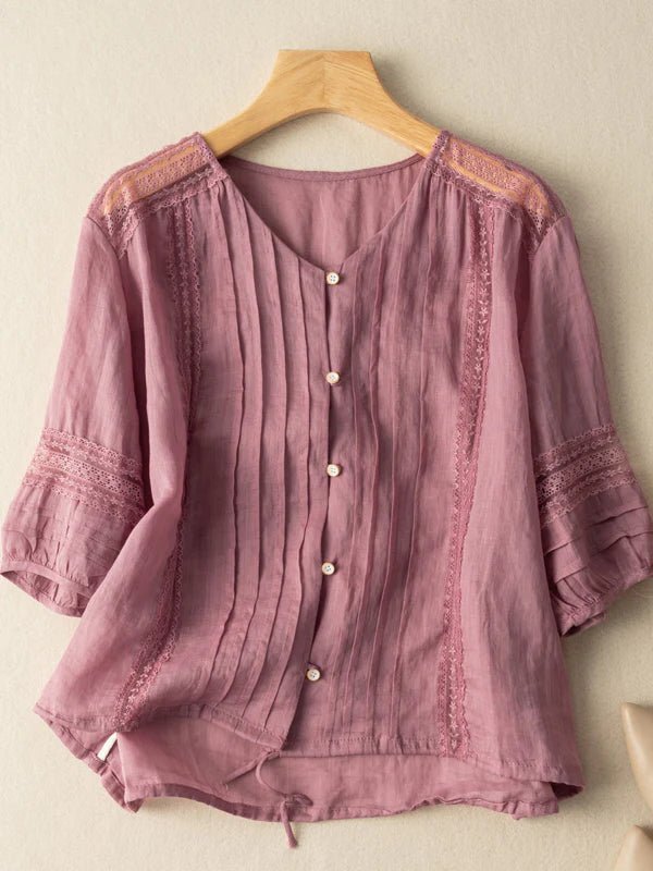 Pure Color V Neck 3/4 Sleeve Casual Linen Top