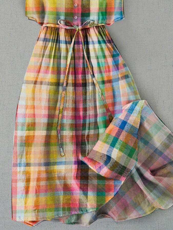 Stylish Casual Plaid Tie Dress With Pockets