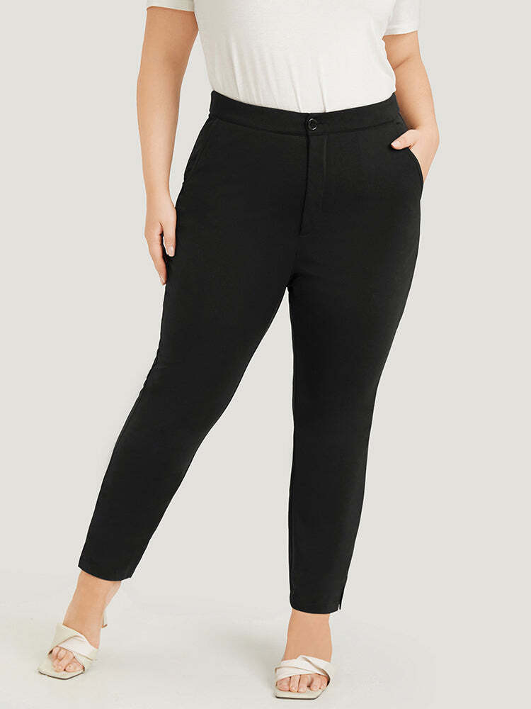 Anti-Wrinkle Plain Pocket Split Hem Pants