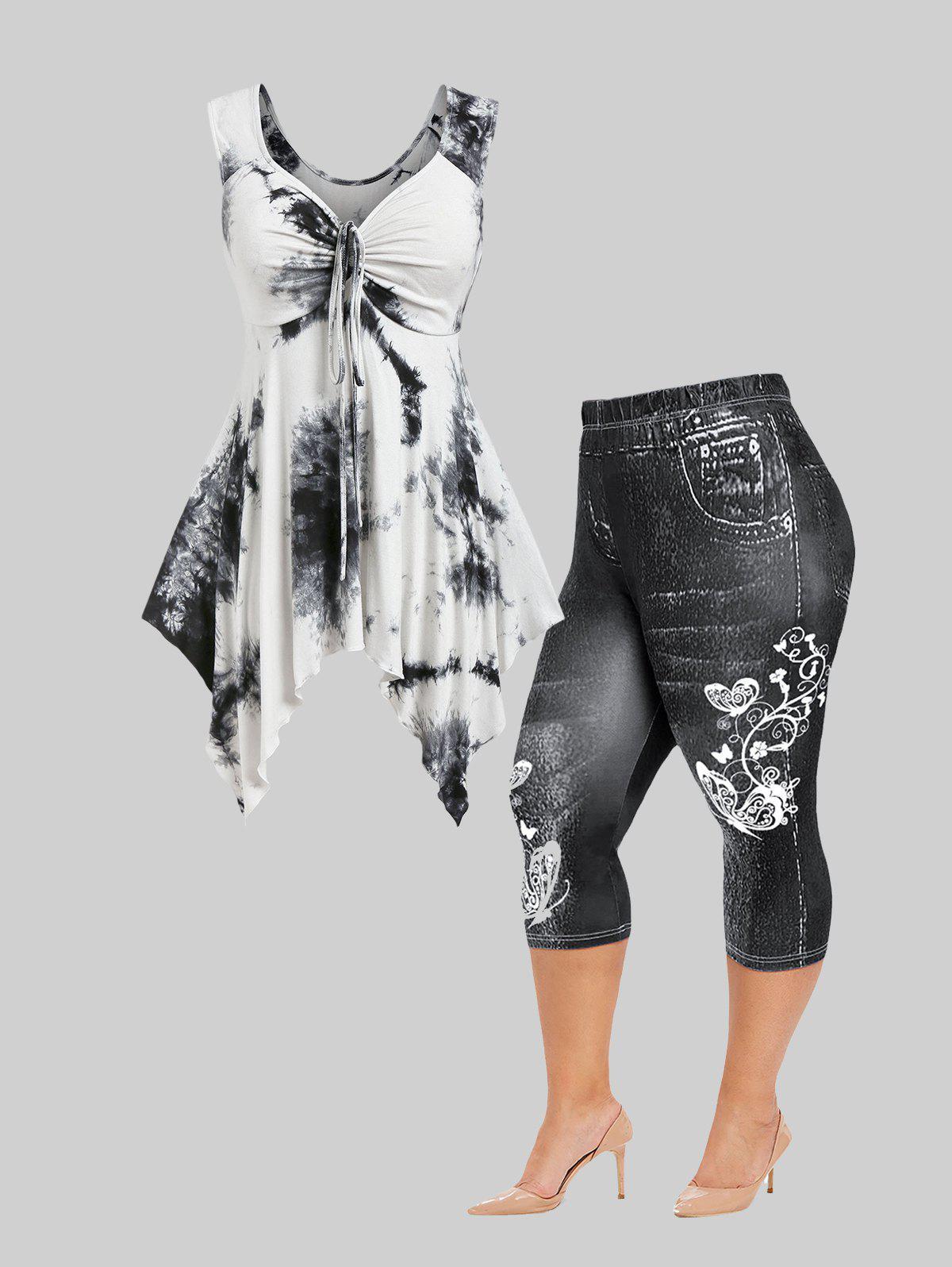 Handkerchief Tie Dye Tank Top and Butterfly 3D Jean Print Leggings Plus Size Summer Outfit