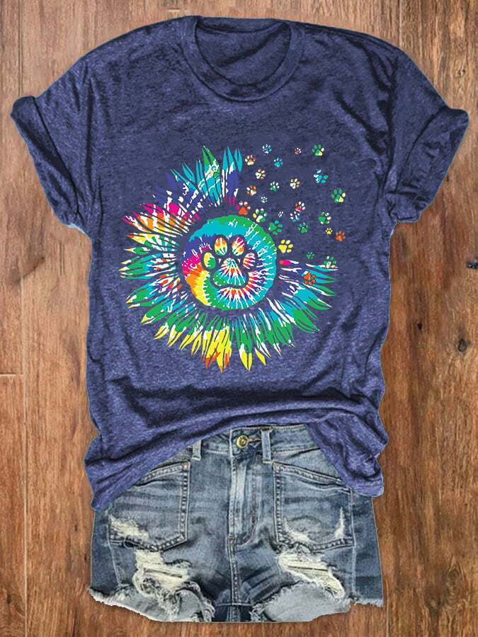 Women's Colorful Sunflower Dog Paw Graphic Tee