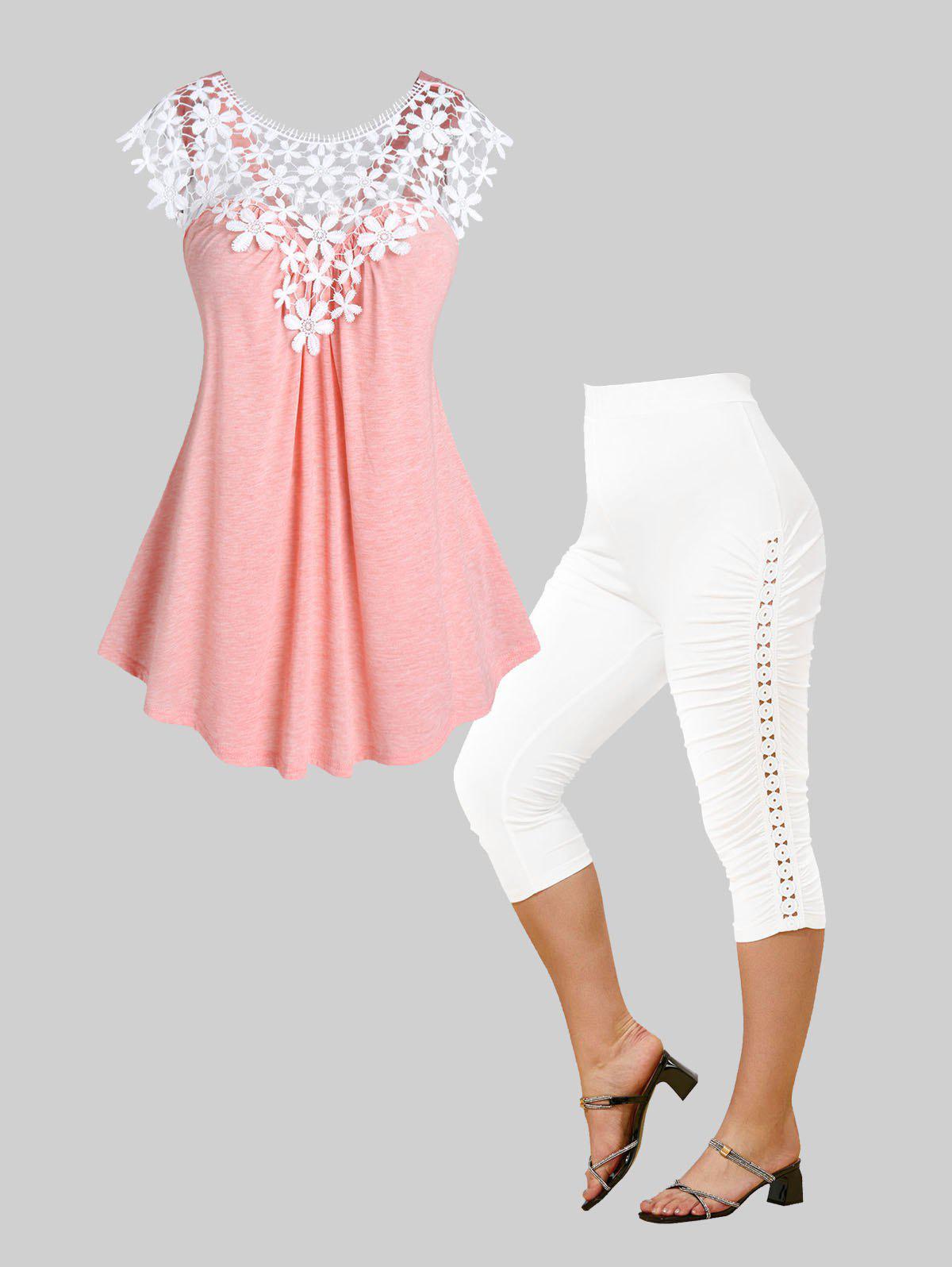 Flower Lace Crisscross Tank Top and Hollow Out Cinched Capri Leggings Plus Size Outfit