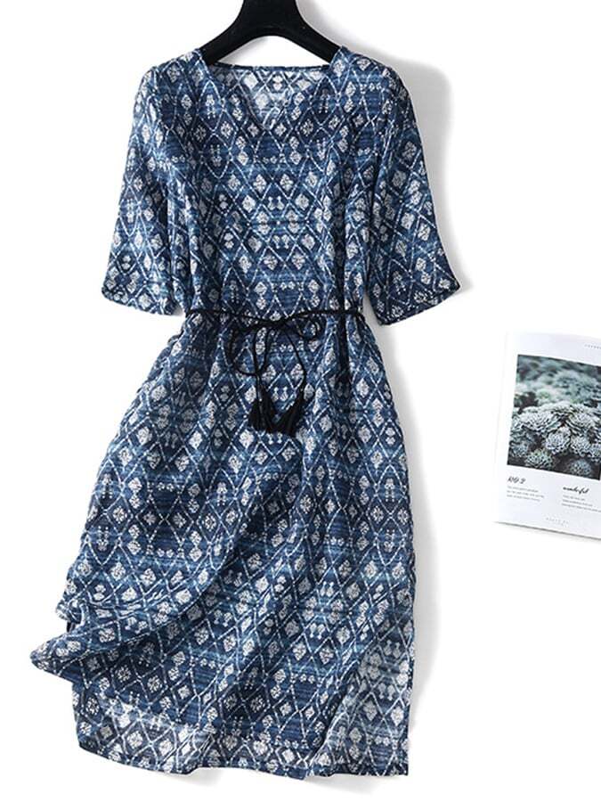 Cotton And Linen Printed Retro V-Neck Loose Tie Up Dress