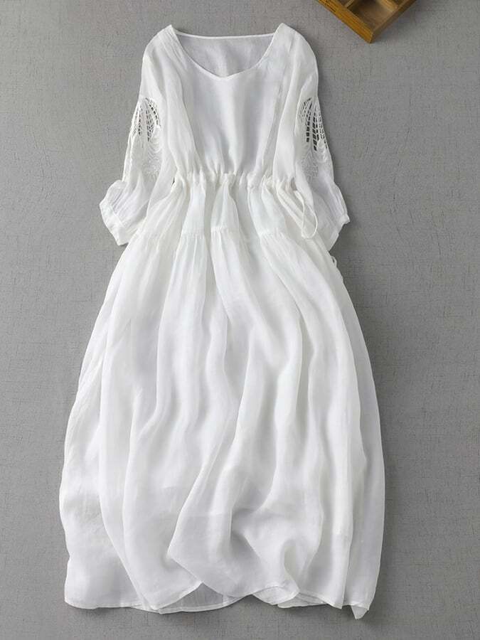 Solid French Cut Out Embroidered V-Neck Dress