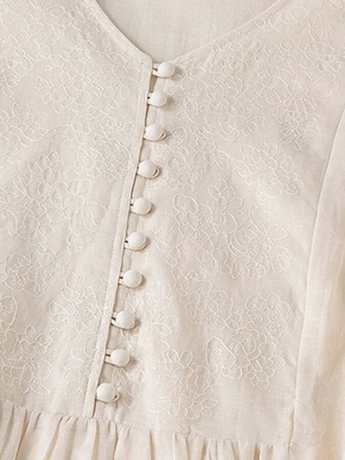 Holiday Embroidered Medium Length Cotton Linen Artistic Dress