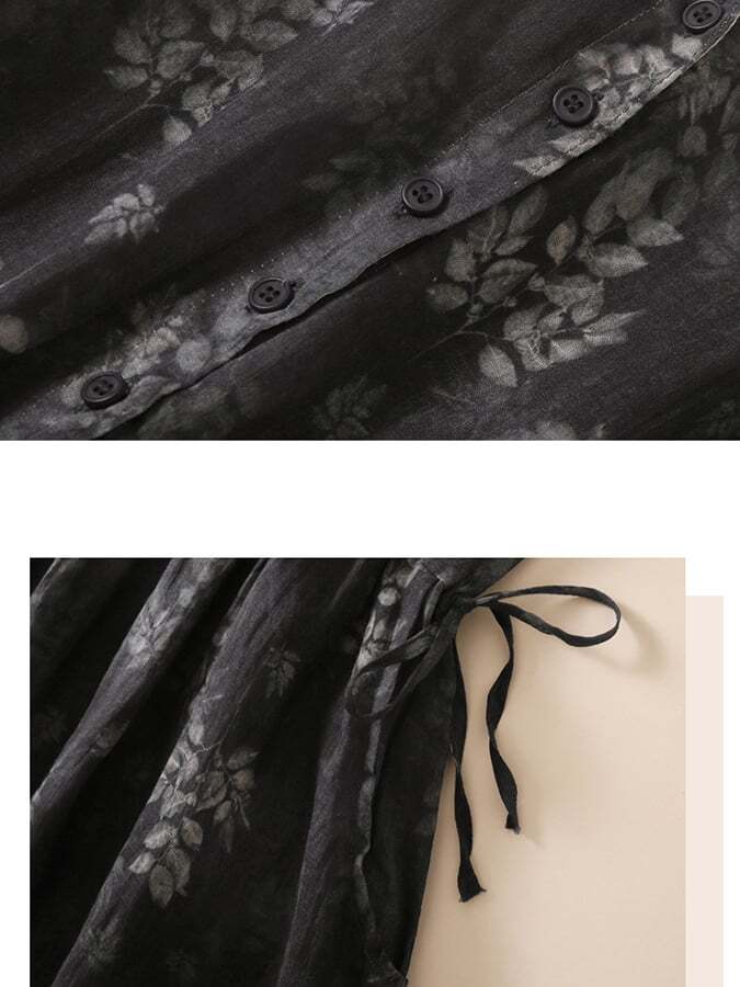 Cotton and Linen Floral Contrasting V-neck Dress