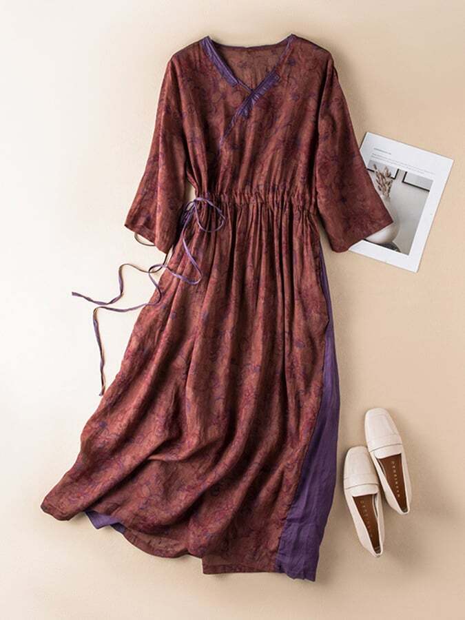 V-Neck Drawstring High Waist Lined Printed Dress