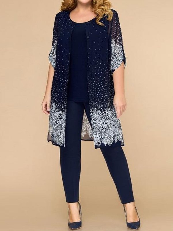 Three-Piece Suit Of Round Neck Vest Printed Long-Sleeved Top Coat And Trousers