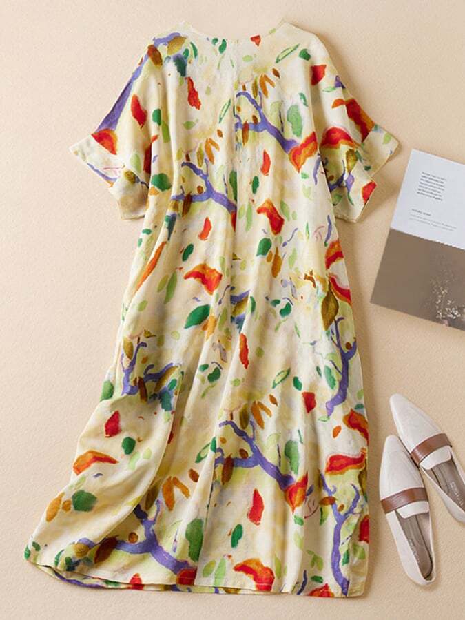 Loose Vintage Cotton And Linen Printed Mid Length Dress