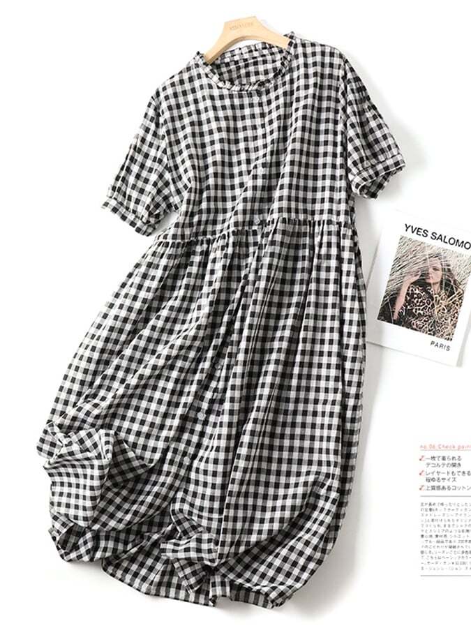 Cotton And Linen Retro Plaid Side Of Fungus Collar Dress