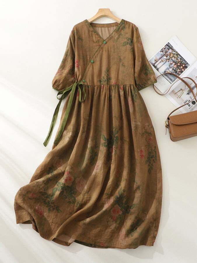 Forest Style Floral Petal Buckle Lined Dress