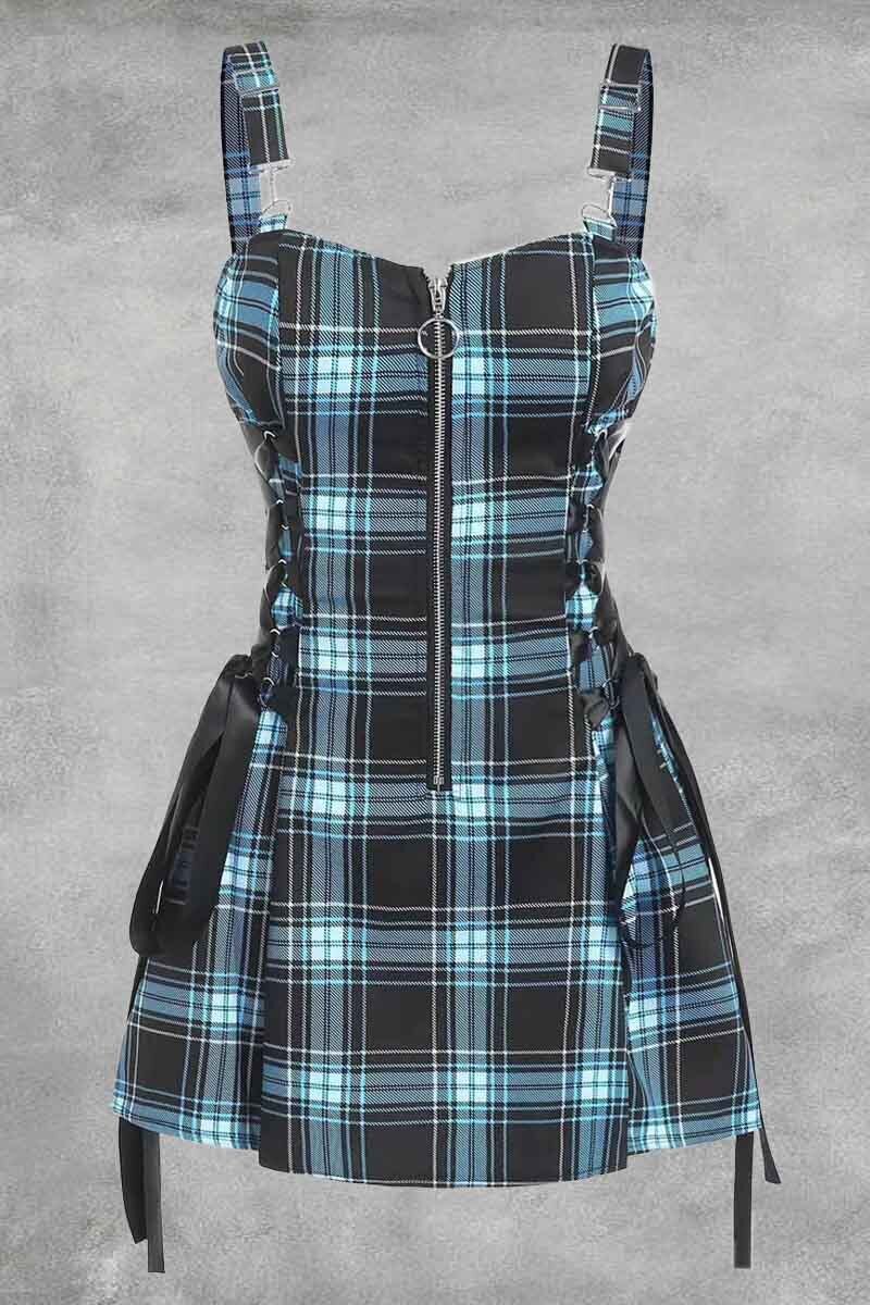 Alternative Girl Zipper Ribbon Suspender Mini Dress mixizine