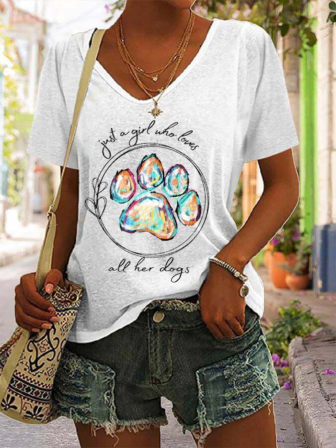Women's Paws Just A Girl Who Loves All Her Dogs Print Casual T-Shirt