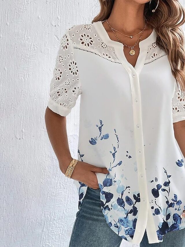 Women's Shirt Blouse White Eyelet Tops Black Pink Red Floral Lace Button Short Sleeve Casual Basic V Neck Regular Floral S