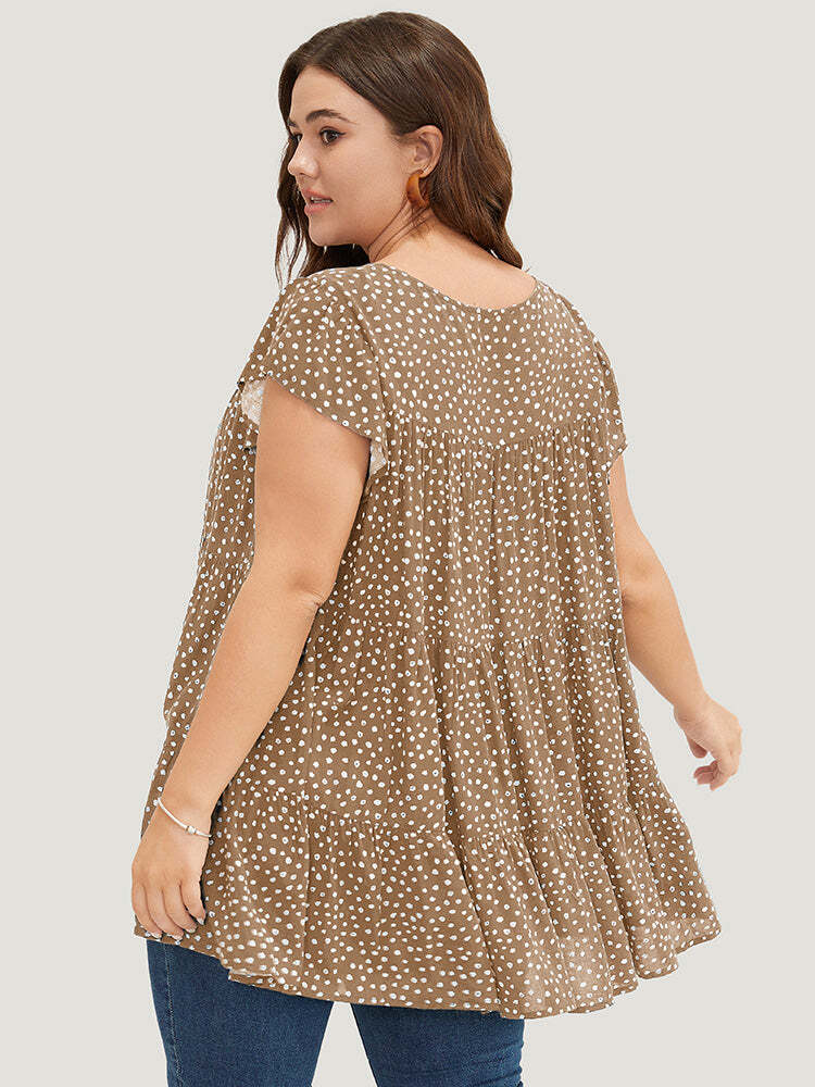 🌸Allover Print Cap Sleeve Ruffle Hem Gathered Blouse