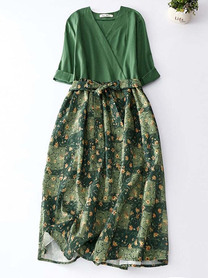 Cotton And Linen Waistband Printed Floral Dress
