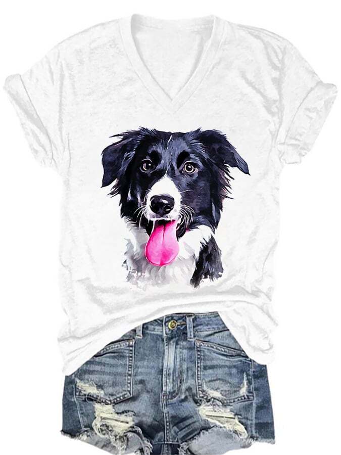 Women's Puppy Print Casual V-Neck T-Shirt