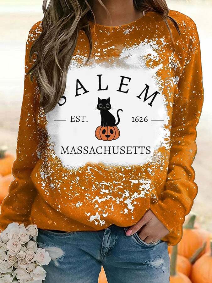 Women's Salem Massachusetts Est.1626 Halloween Black Cat Tie Dye Printed Round Neck Long Sleeve Sweatshirt